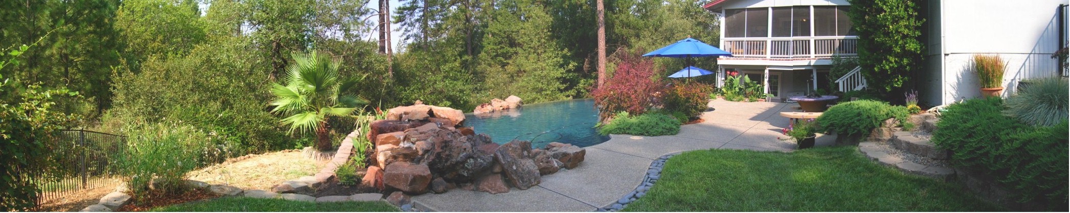 Panoramic of the back yard,  looking at the Geremia Infinity Pool.